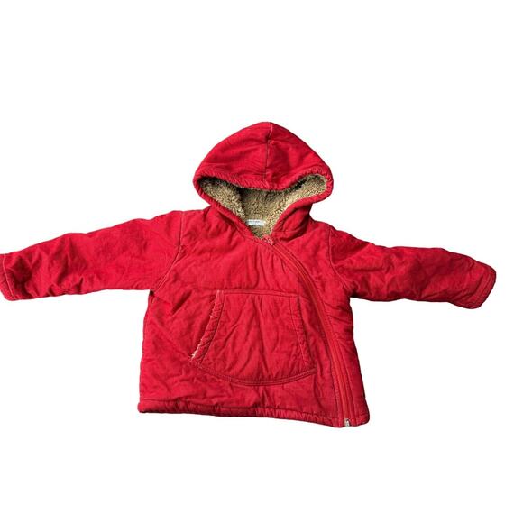 Mini Boden Red Corduroy Sherpa Lined Hooded Jacket Size 18-24 Months - Picture 1 of 5